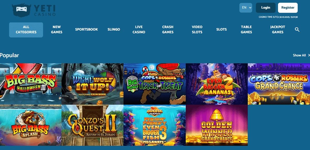Yeti Casino lobby showing popular game titles